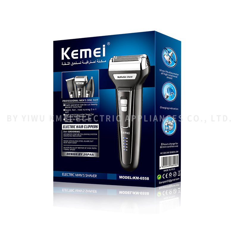 Kemei Km-6558 Multifunctional Waterproof 3 In 1 Cutter Head Usb Men Shaver Electric Kemei Electric Shaver